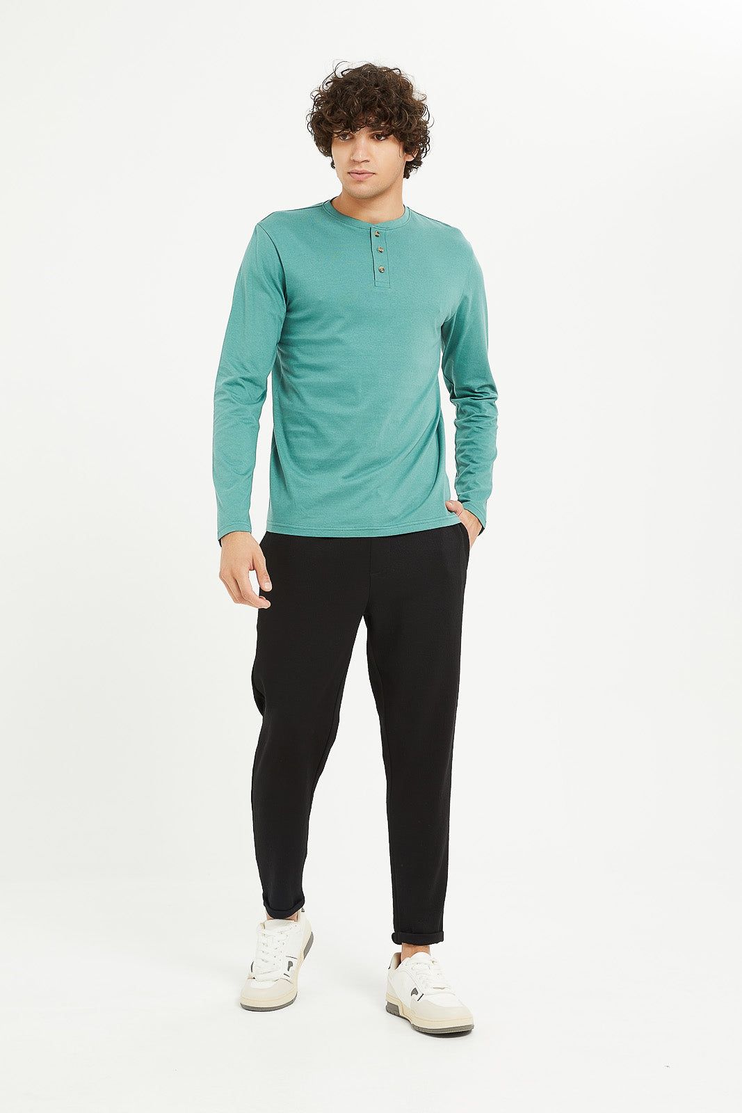 Men Green Long Sleeve Henley Shirt sold by Redtag product image thumbnail 2