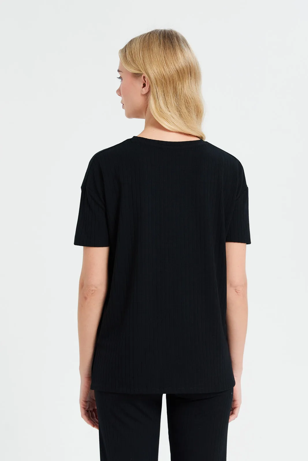 Women Black Oversize Ribbed T-Shirt sold by Redtag product image thumbnail 3