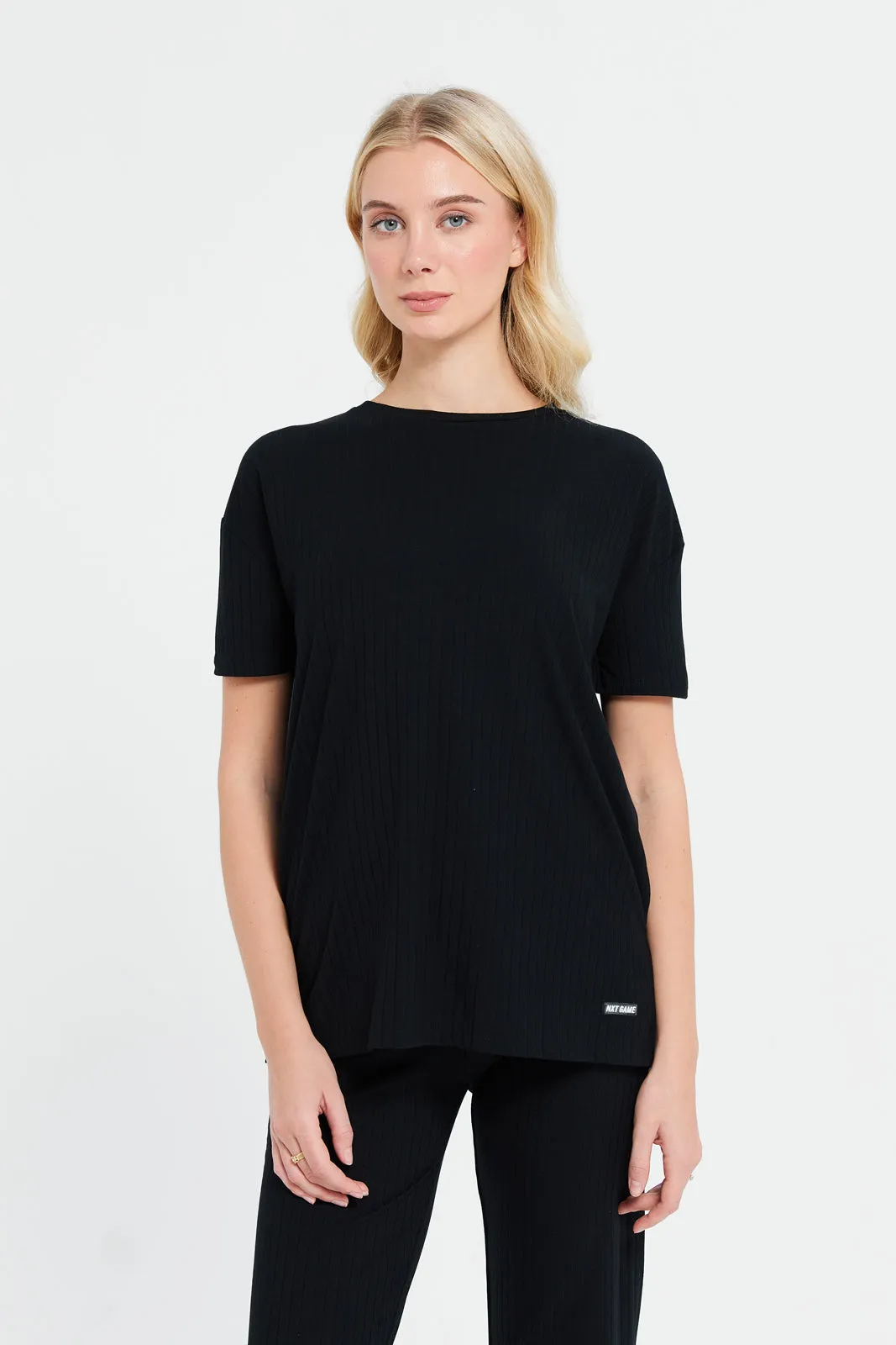 Women Black Oversize Ribbed T-Shirt sold by Redtag