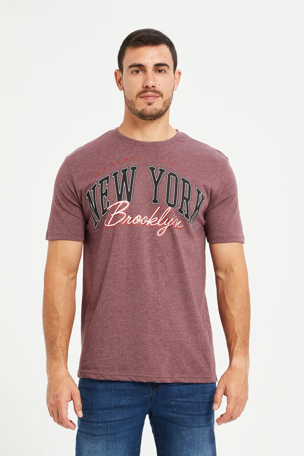 Men Burgundy Graphic Round Neck T-Shirt sold by Redtag
