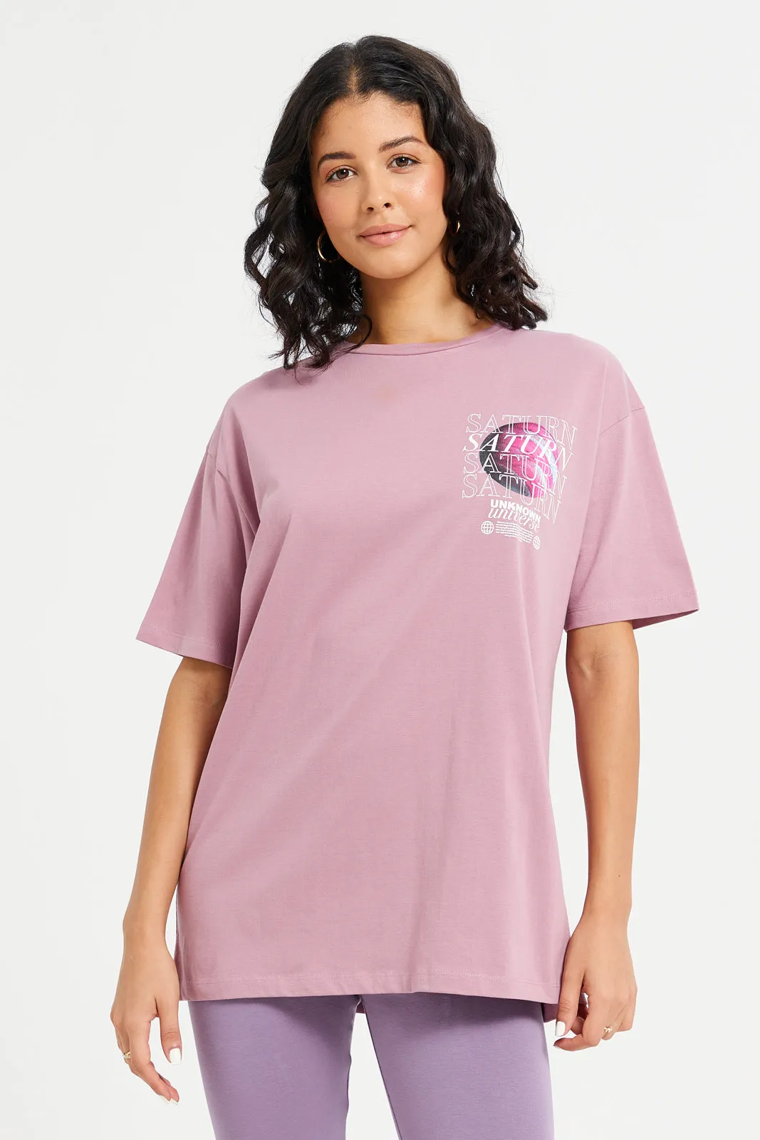 Women Mauve Saturn Oversized Printed T-Shirt sold by Redtag