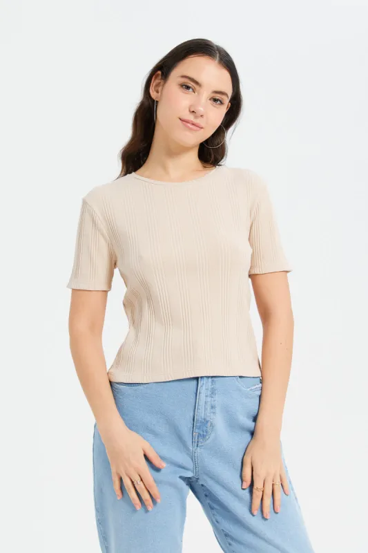 Women Beige Ribbed T-Shirt sold by Redtag