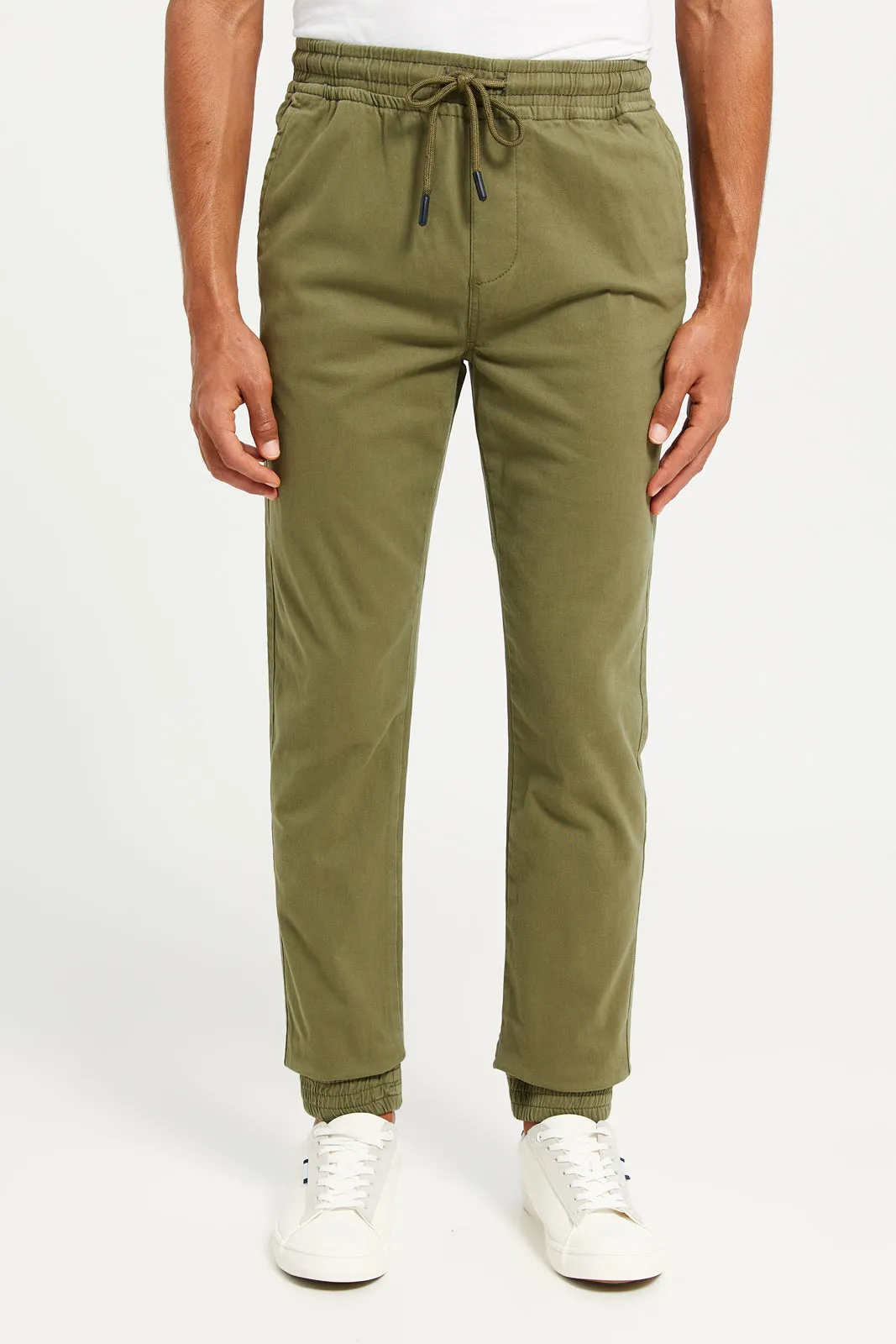 Men Olive Solid Twill Jogger sold by Redtag