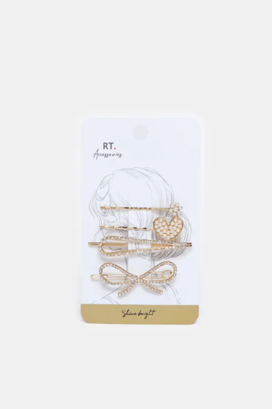 Women Gold Embellished Hair Clip Set (4 Piece) sold by Redtag