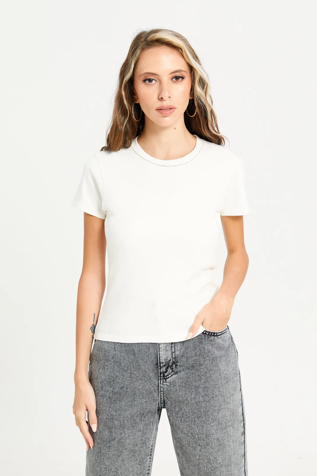 Women Ivory Rhinestone Embellished T-Shirt sold by Redtag
