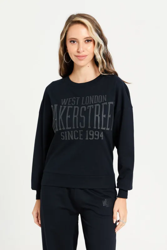 Women Black Printed Oversized Sweatshirt sold by Redtag