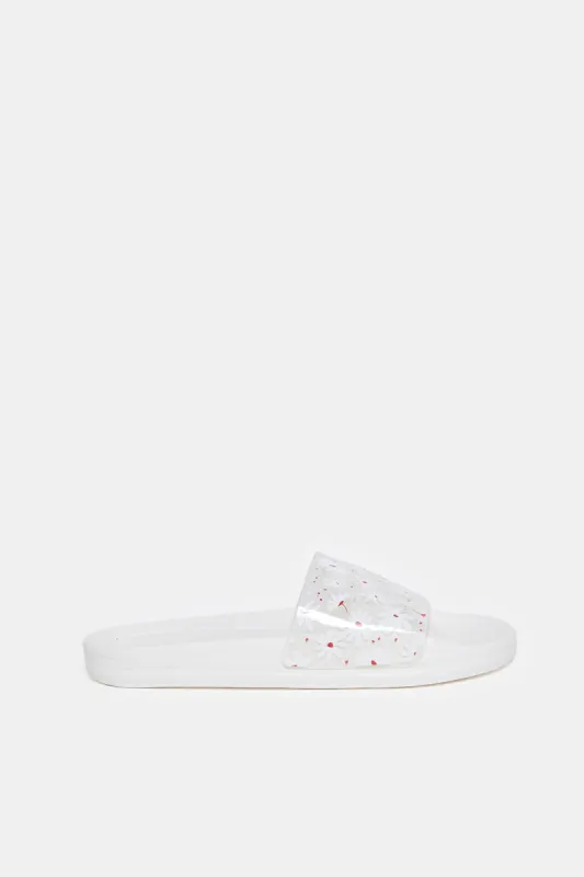Women White Vinyl Floral Print Slides sold by Redtag