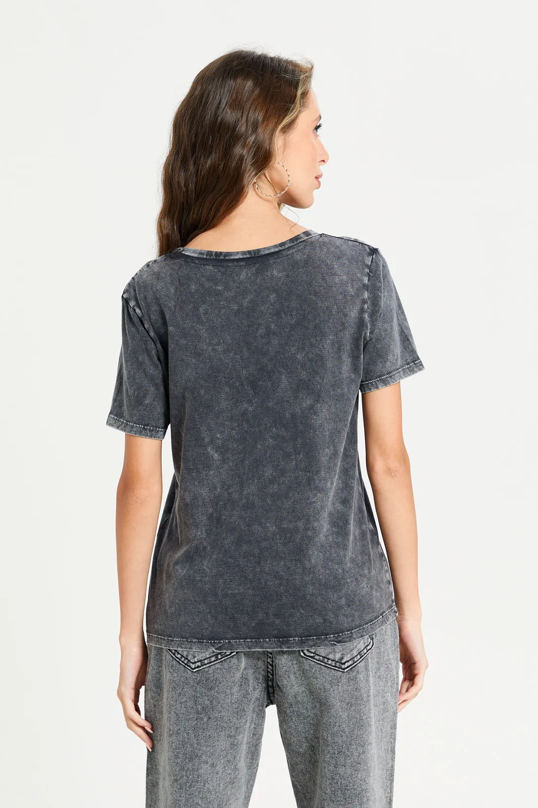 Women Charcoal Overdyed Printed T-Shirt sold by Redtag product image thumbnail 3