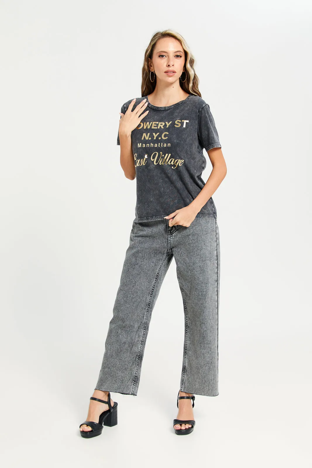 Women Charcoal Overdyed Printed T-Shirt sold by Redtag product image thumbnail 2