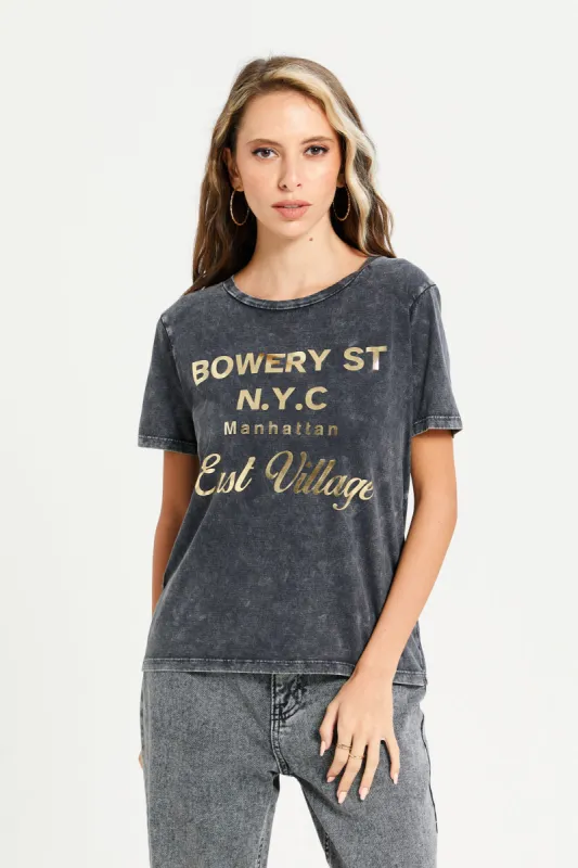 Women Charcoal Overdyed Printed T-Shirt sold by Redtag