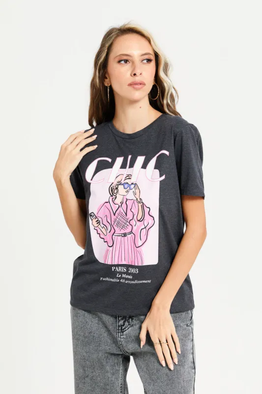 Women Charcoal Printed T-Shirt sold by Redtag