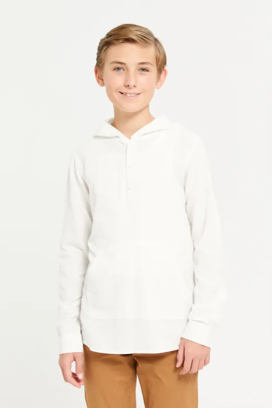 Senior Boys White Stripe Kangaroo Pocket Hooded Shirt sold by Redtag