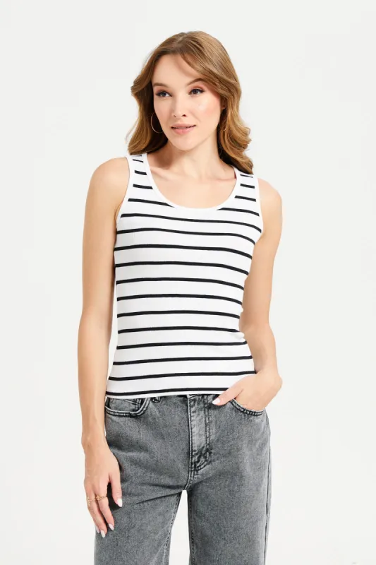 Women Black And White Striped Rib Vest sold by Redtag