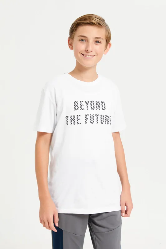 Senior Boys White Back Tape T-Shirt sold by Redtag