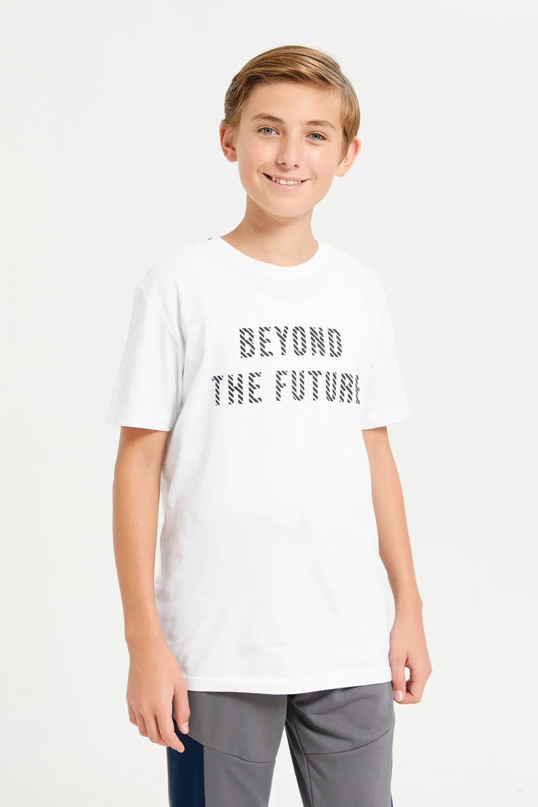 Senior Boys White Back Tape T-Shirt sold by Redtag