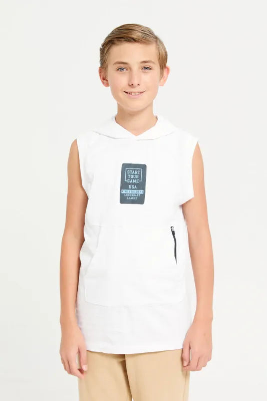 Senior Boys White Hooded Sleeveless T-shirt sold by Redtag