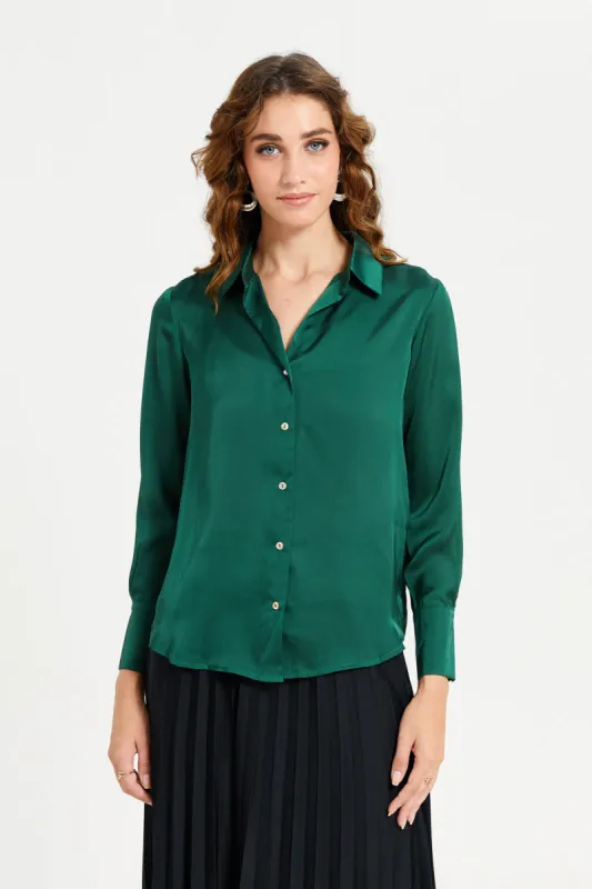 Women Green Solid Satin Shirt sold by Redtag