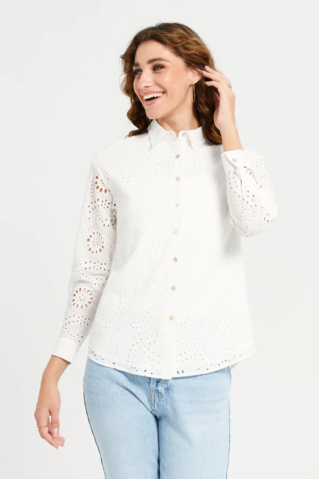 Women White Cutwork Shirt sold by Redtag