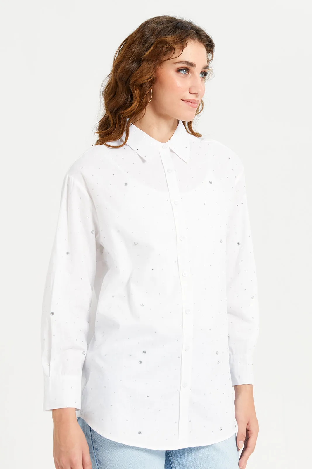 Women White Rhinestone Oversize Shirt sold by Redtag product image thumbnail 4