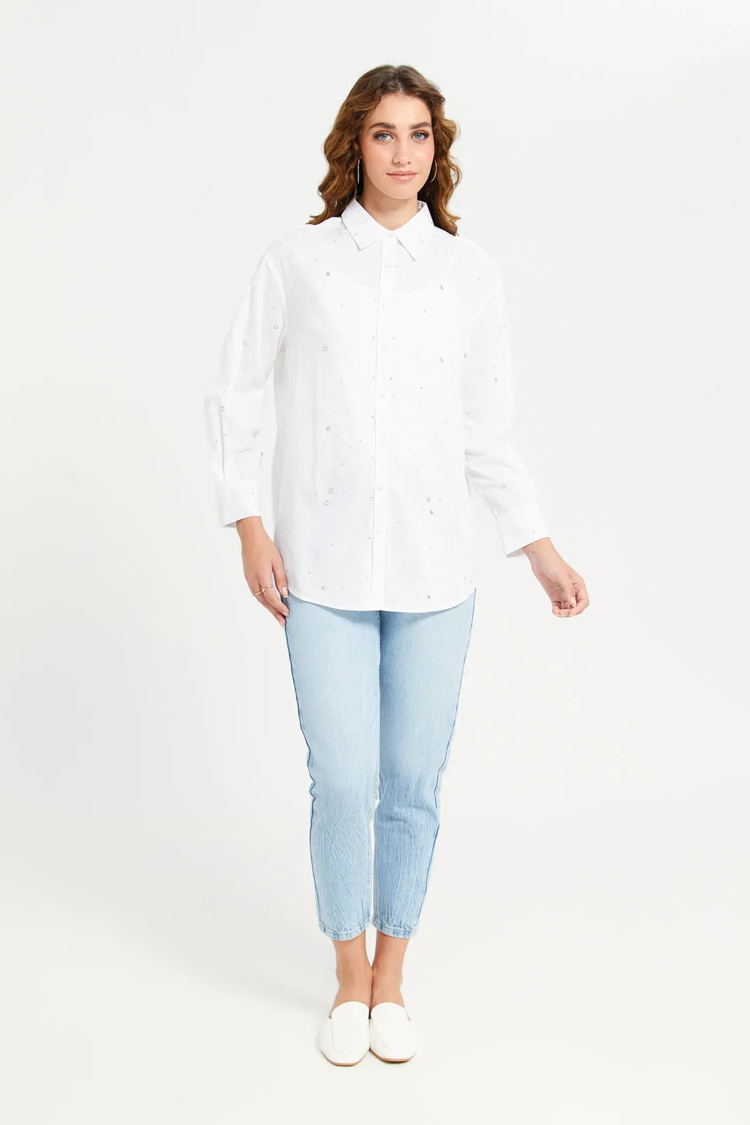 Women White Rhinestone Oversize Shirt sold by Redtag product image thumbnail 2