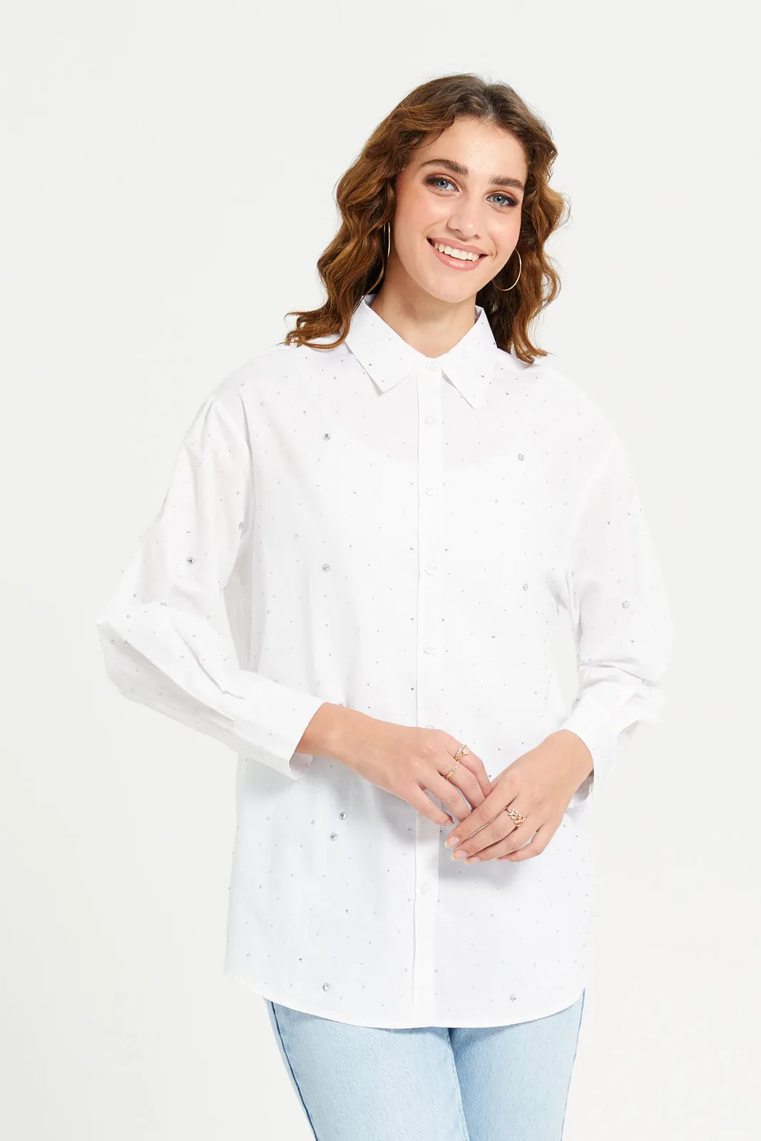 Women White Rhinestone Oversize Shirt sold by Redtag