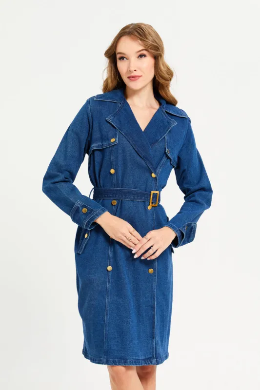 Women Navy Collared Denim Dress sold by Redtag