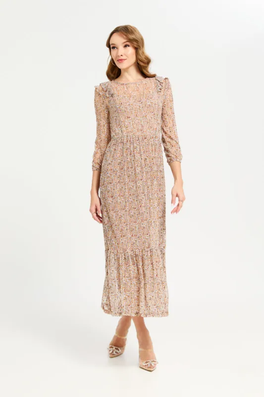 Women Beige Printed Mesh Long Dress sold by Redtag