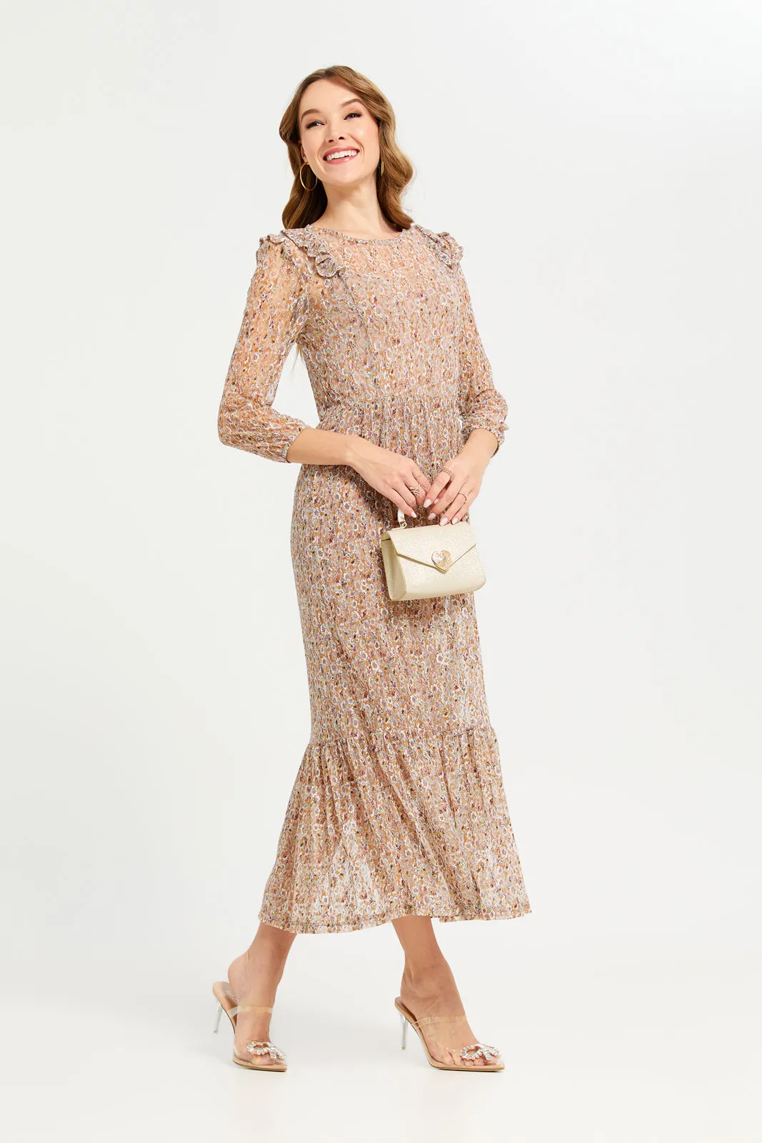 Women Beige Printed Mesh Long Dress sold by Redtag product image thumbnail 4
