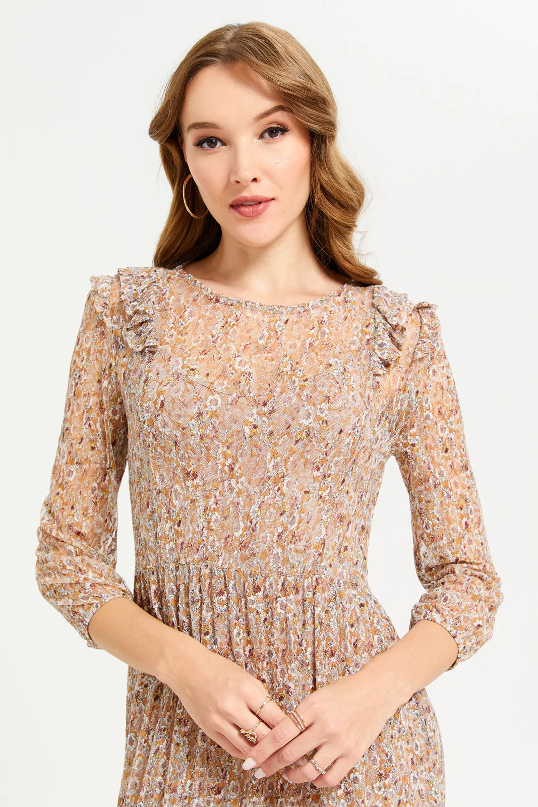 Women Beige Printed Mesh Long Dress sold by Redtag product image thumbnail 2