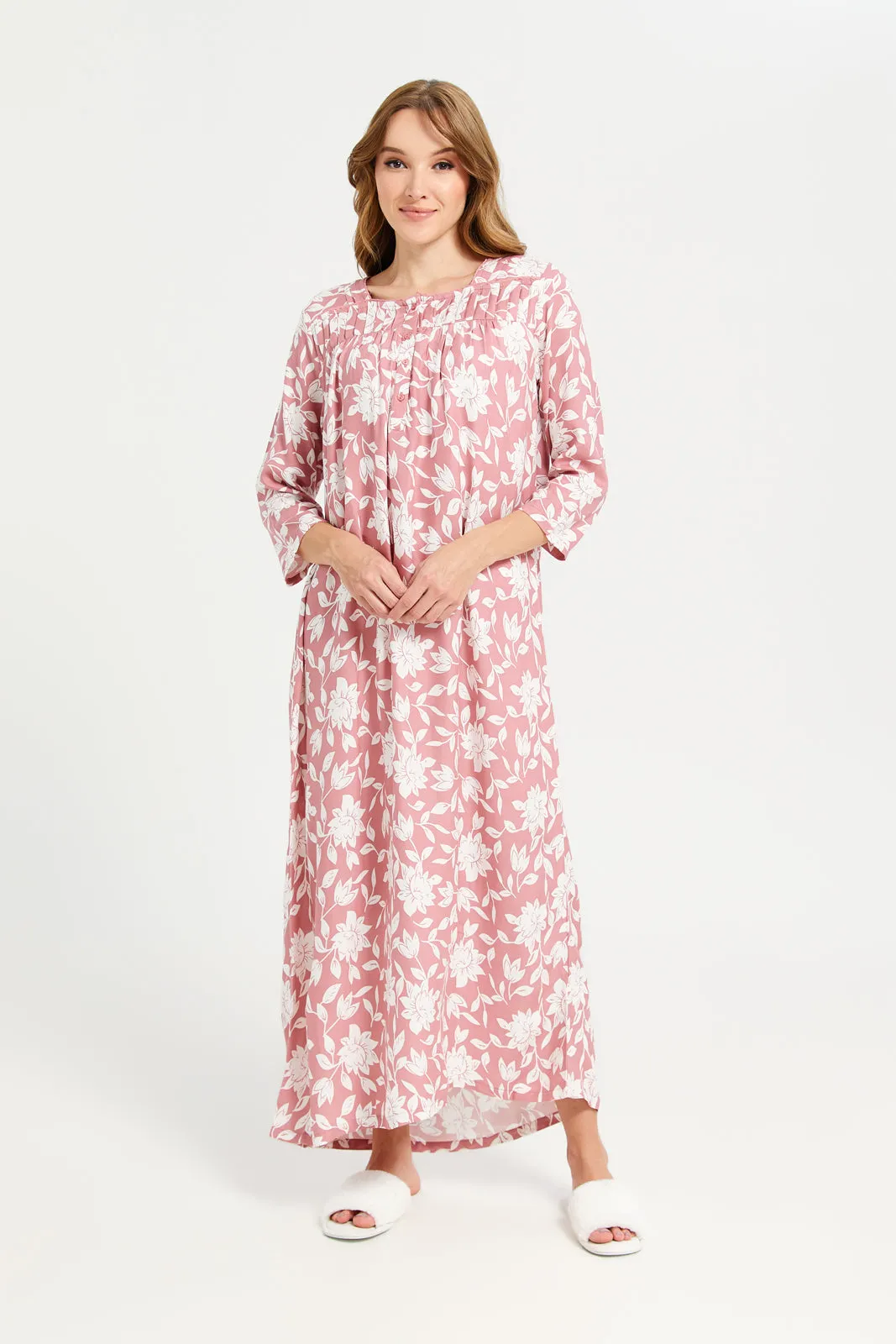 Women Pink Printed Front Frill Nightgown sold by Redtag