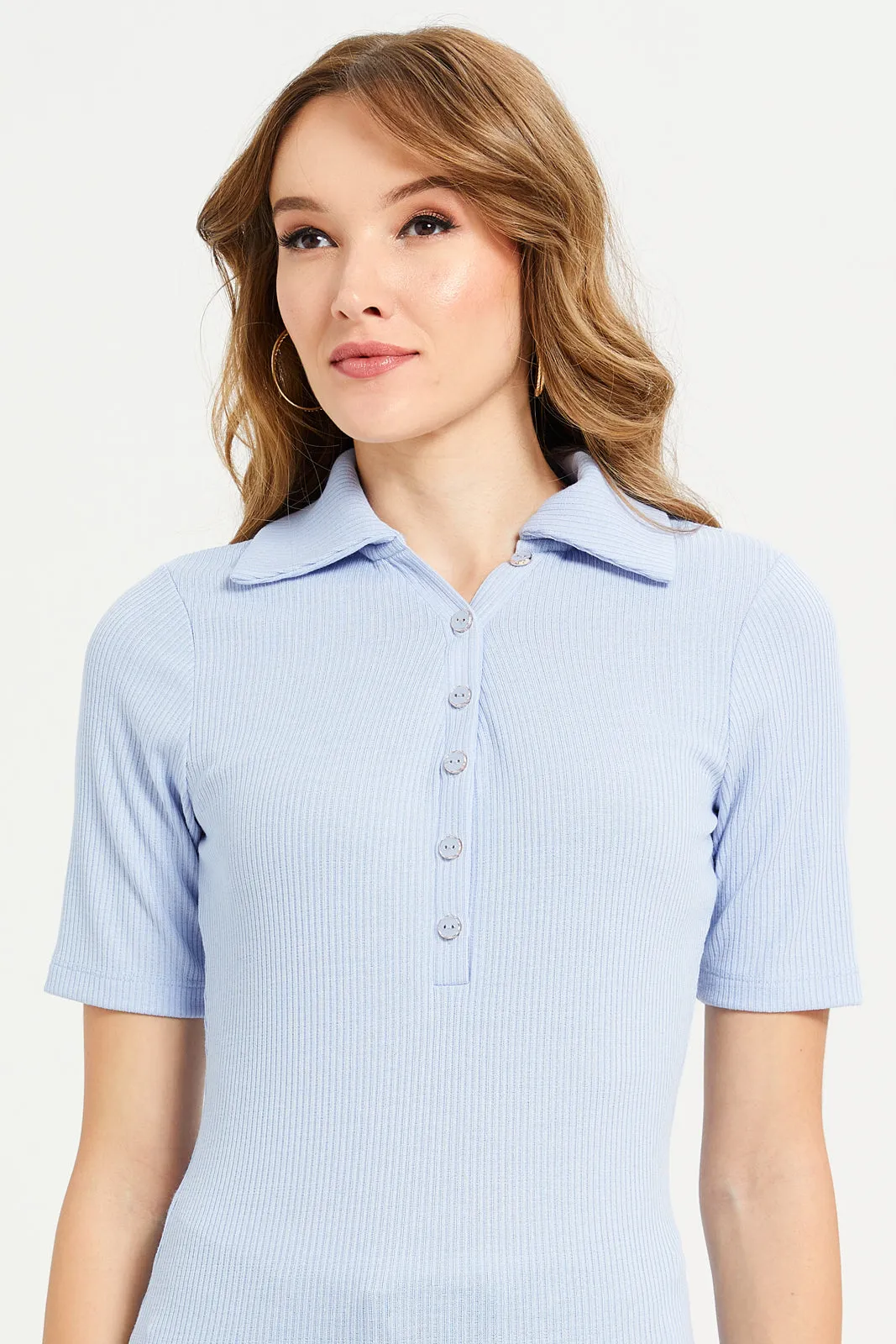 Women Blue Rib Collared Top sold by Redtag product image thumbnail 4