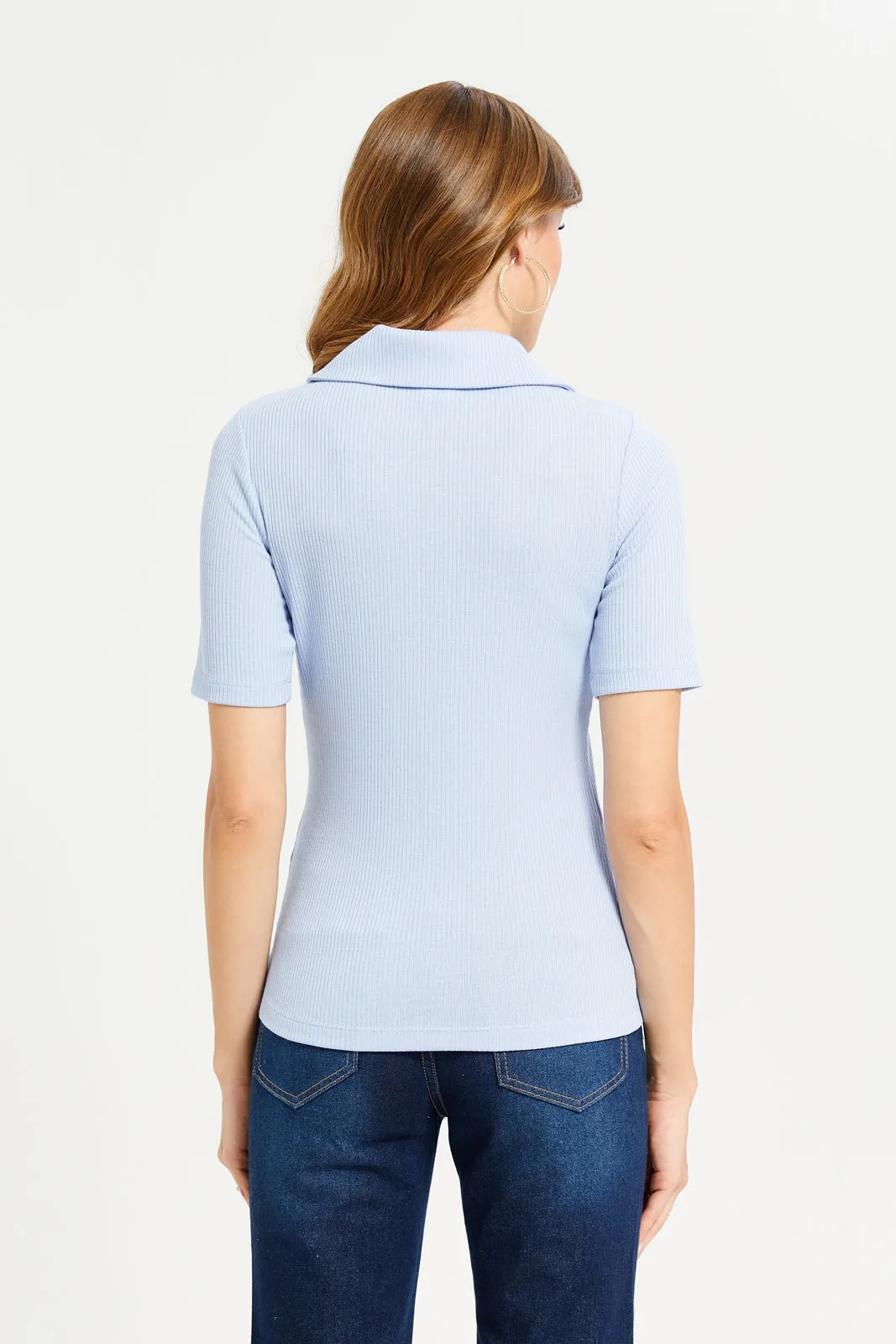 Women Blue Rib Collared Top sold by Redtag product image thumbnail 3
