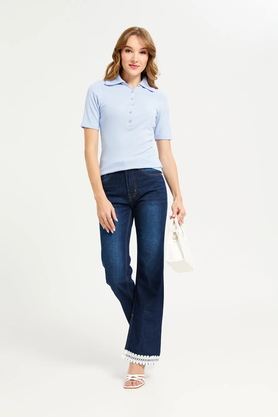 Women Blue Rib Collared Top sold by Redtag product image thumbnail 2