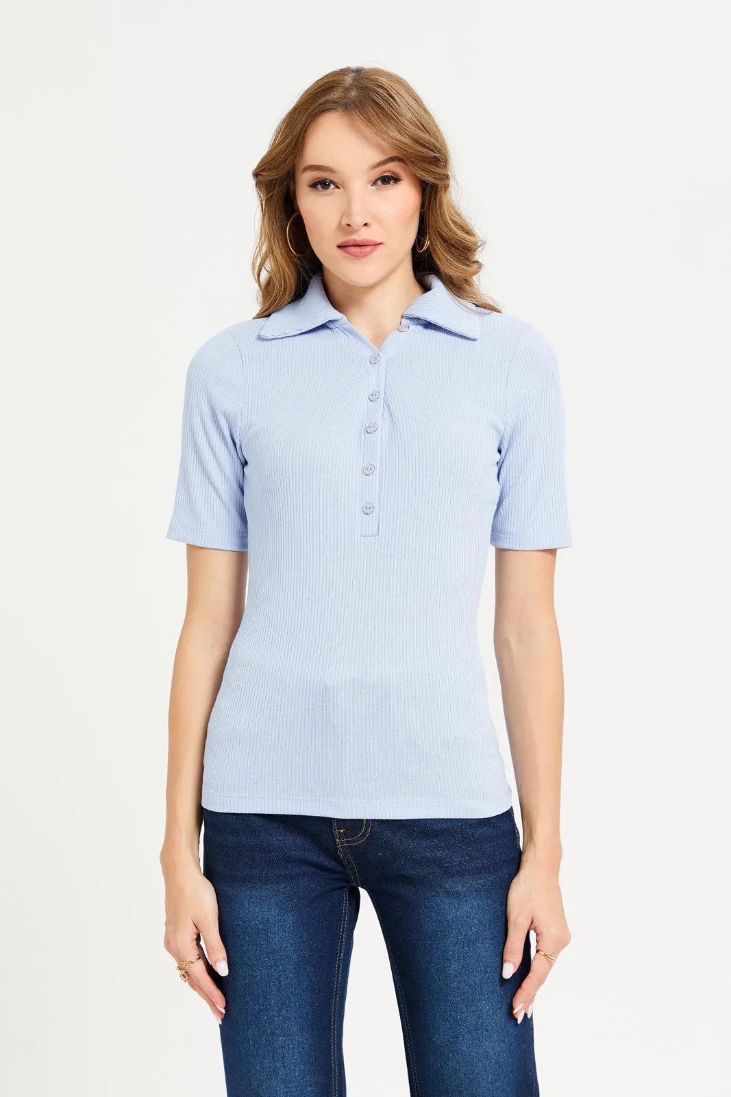 Women Blue Rib Collared Top sold by Redtag