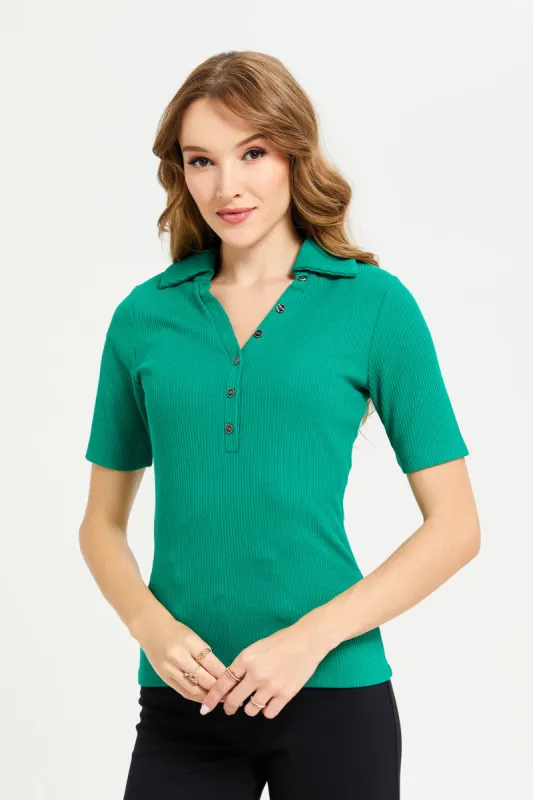 Women Green Rib Collared Top sold by Redtag