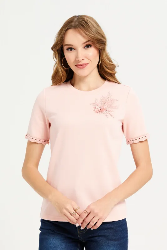 Women Pink Top With Floral Applique sold by Redtag