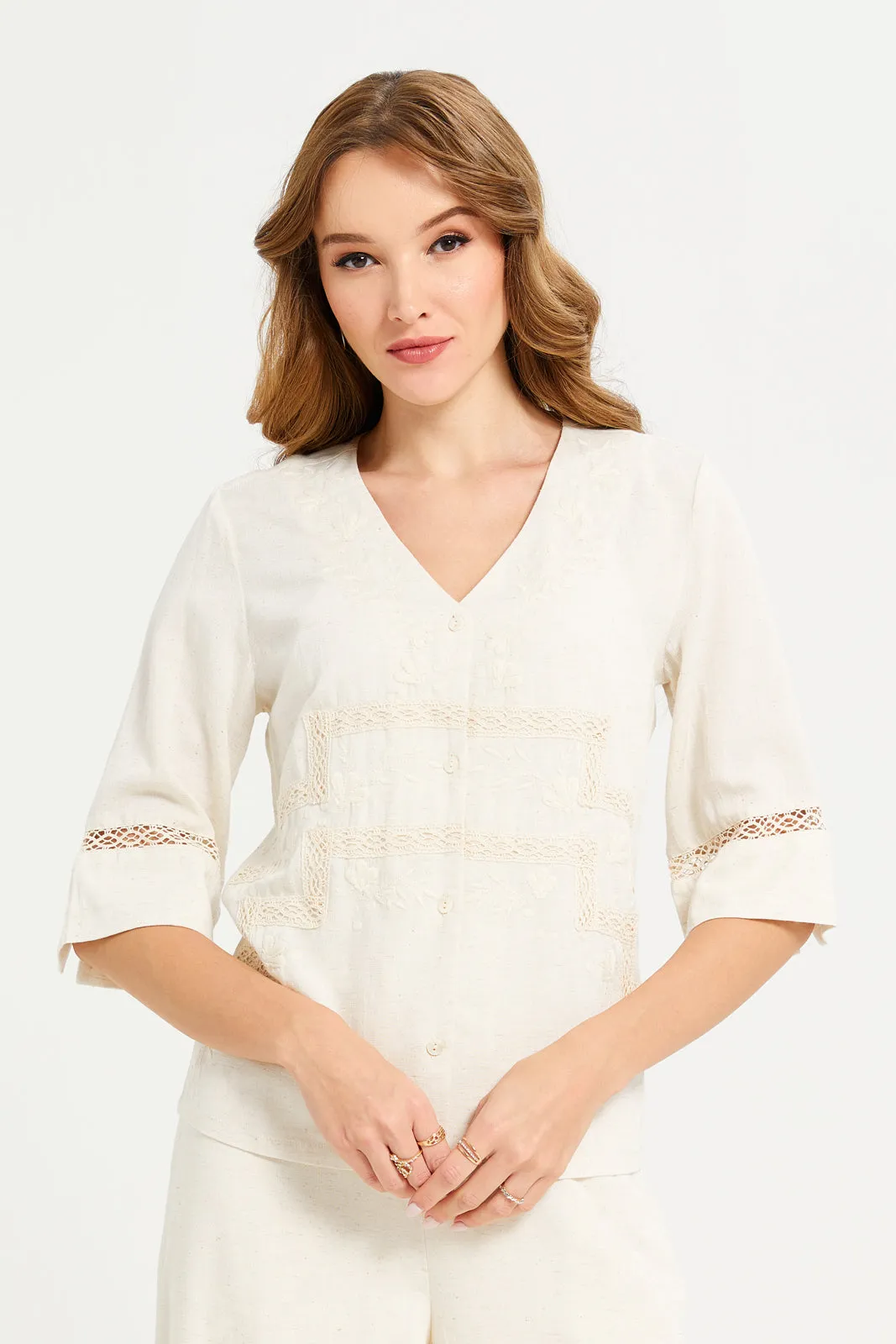Women Beige Embroidered Blouse sold by Redtag