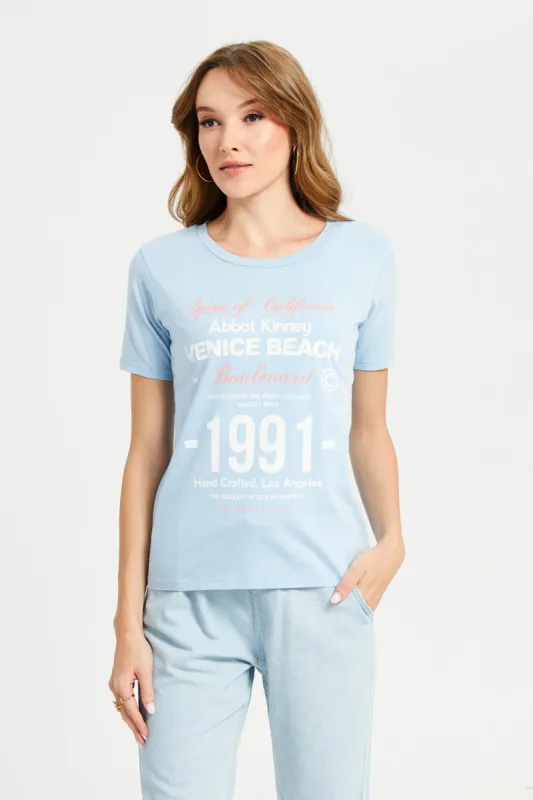 Women Blue Overdyed Printed T-Shirt sold by Redtag