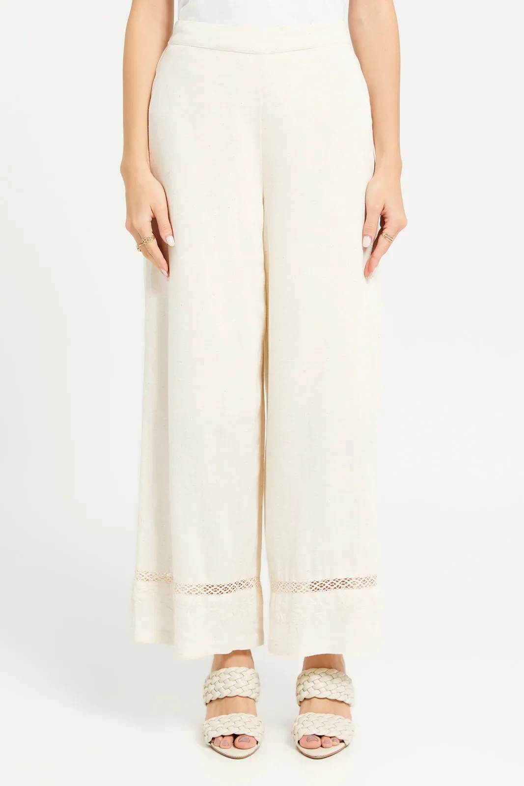 Women Beige Embellished Wide Leg Trouser sold by Redtag