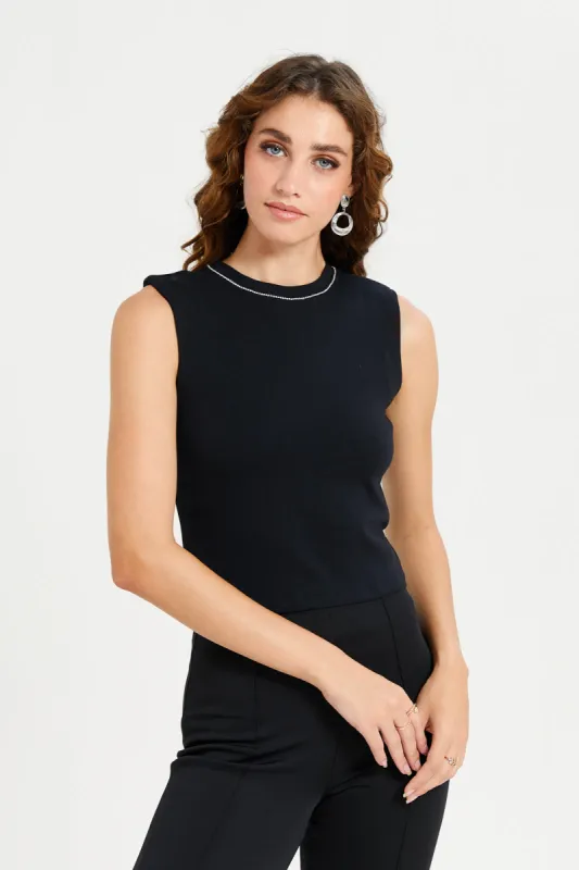 Women Black Rhinestone Detail Sleeveless Top sold by Redtag
