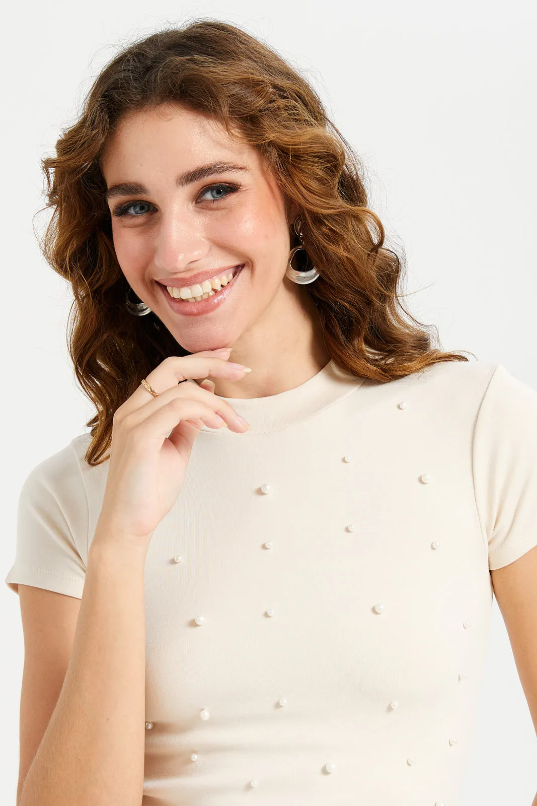 Women Beige Pearl High Neck Top sold by Redtag product image thumbnail 4