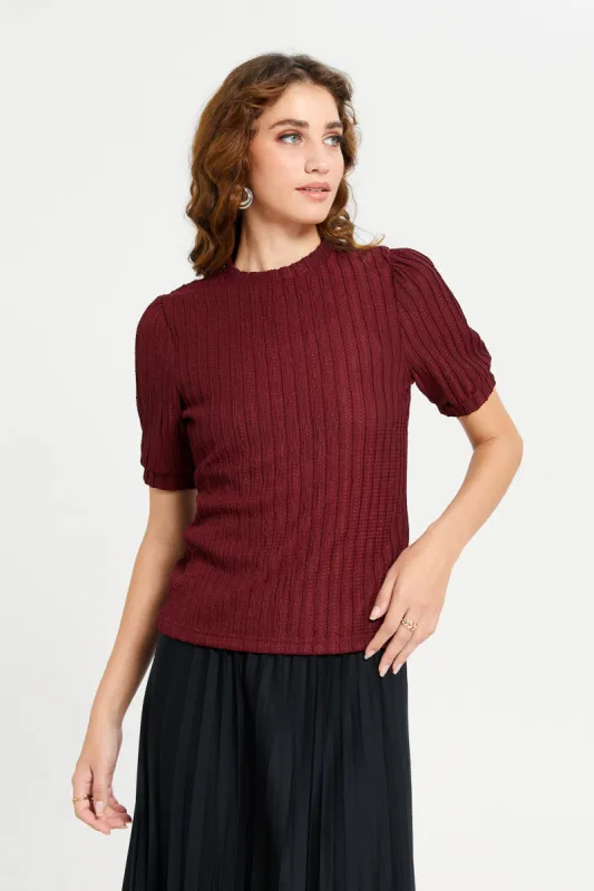 Women Burgundy Textured Puff Sleeve Top sold by Redtag