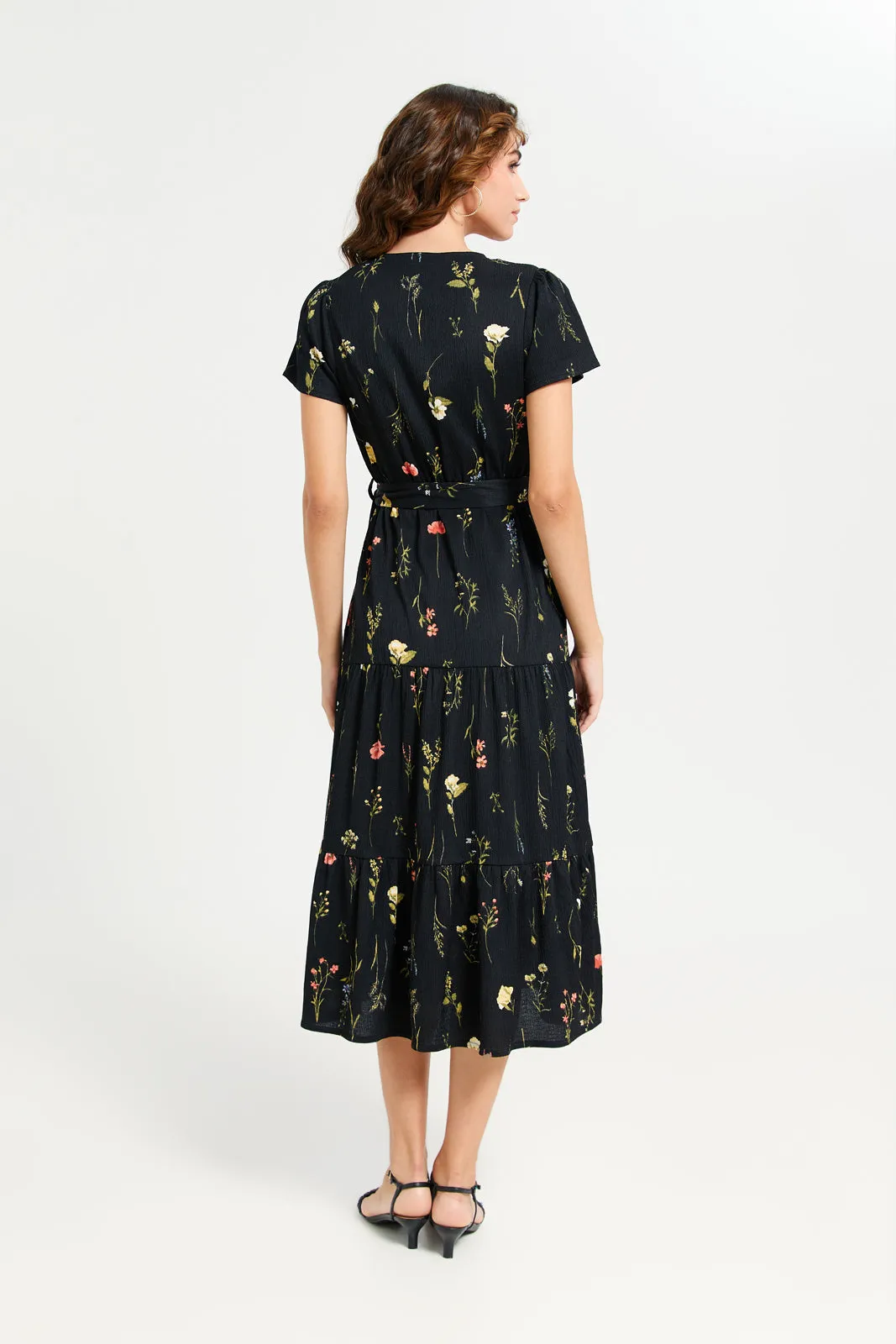 Women Black Wrap Textured Tiered Dress sold by Redtag product image thumbnail 4