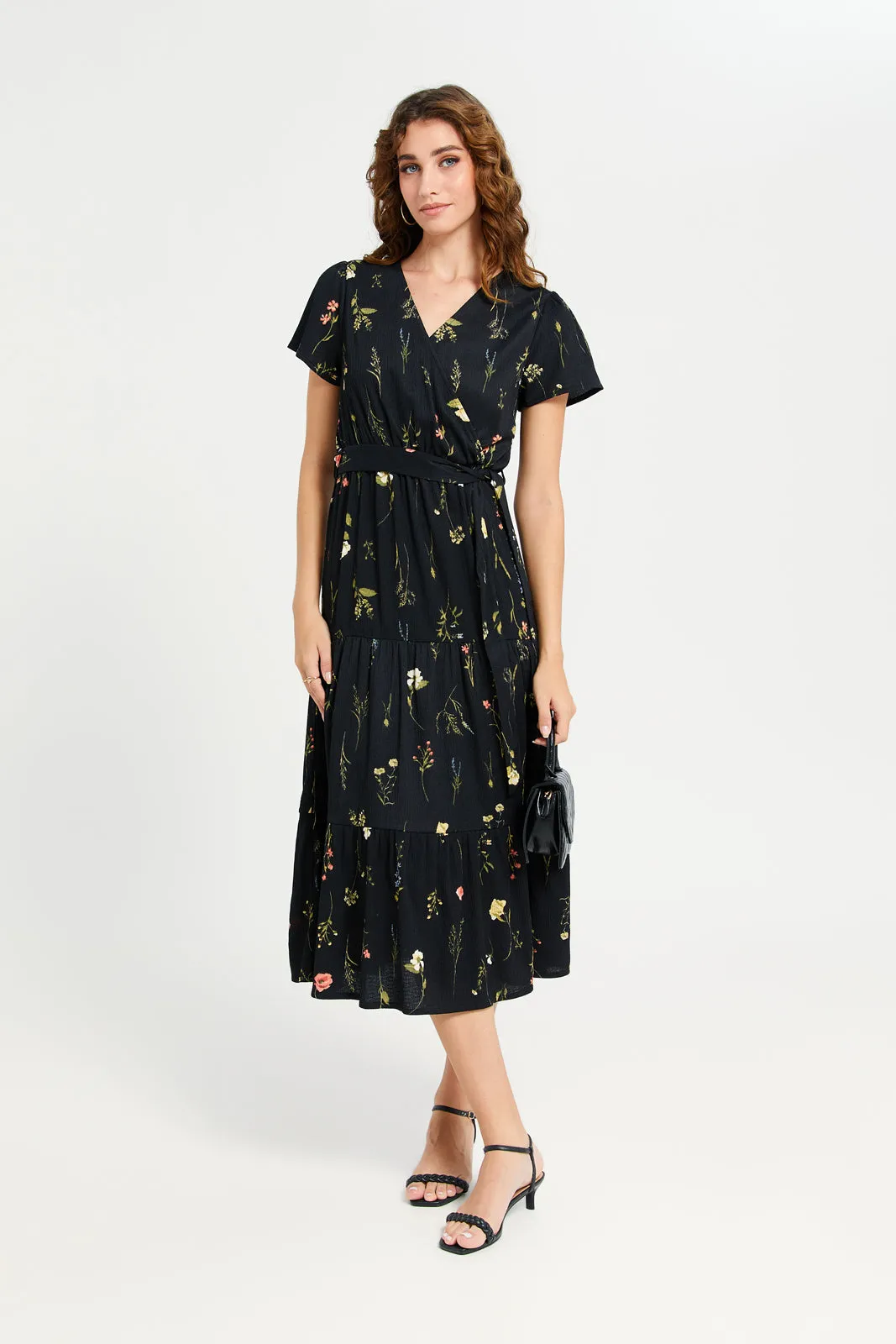 Women Black Wrap Textured Tiered Dress sold by Redtag product image thumbnail 3