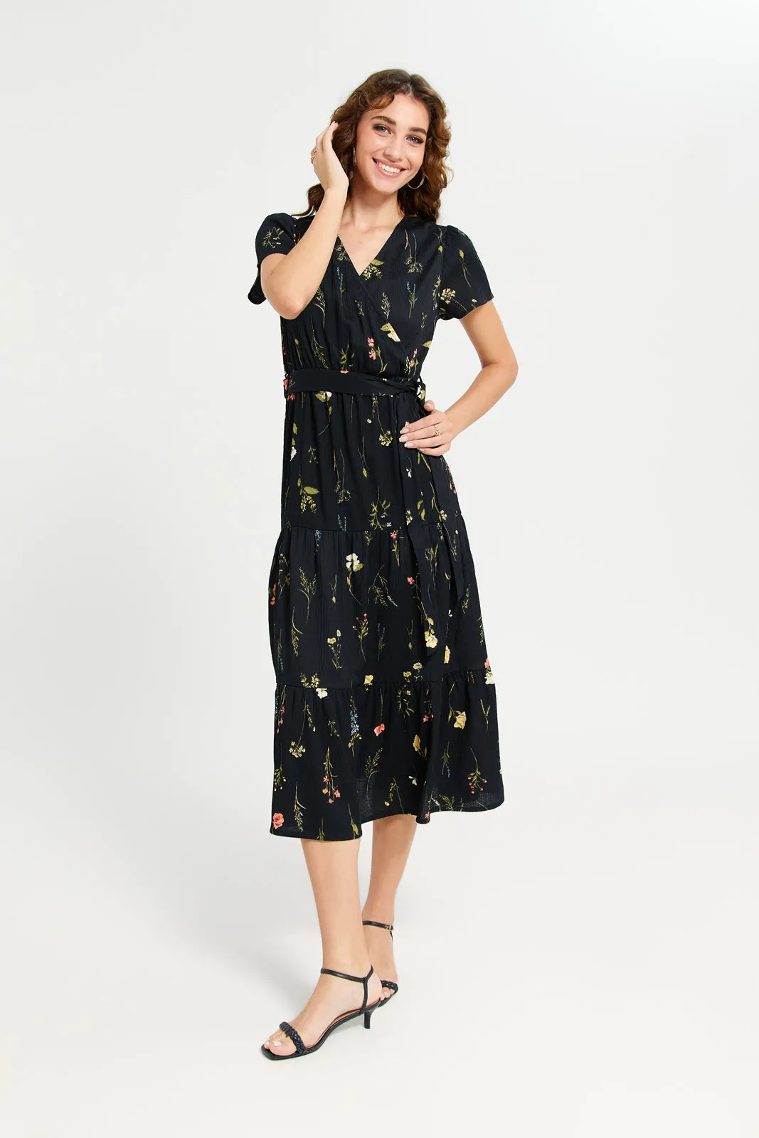 Women Black Wrap Textured Tiered Dress sold by Redtag