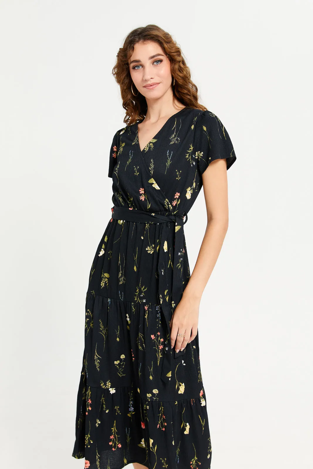 Women Black Wrap Textured Tiered Dress sold by Redtag product image thumbnail 2