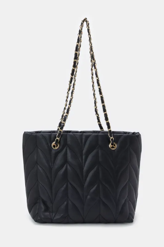 Women Black Textured Tote Bag sold by Redtag