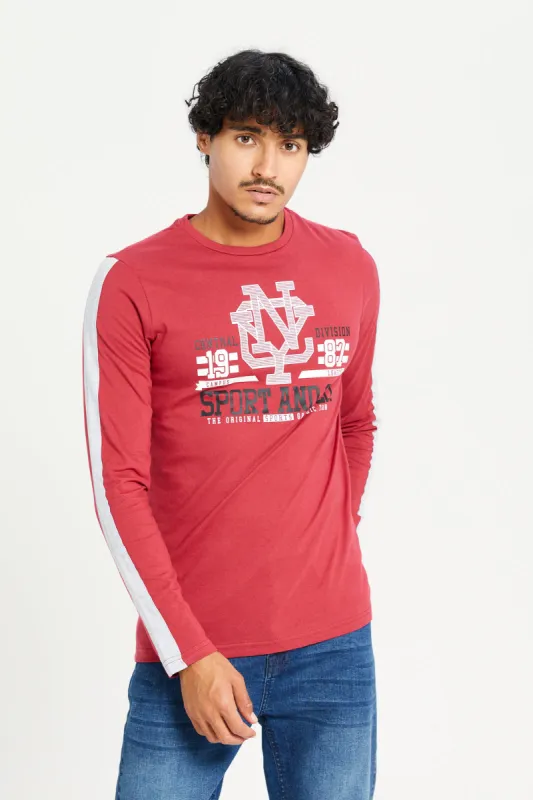 Men Burgundy Long Sleeve Printed T-shirt sold by Redtag