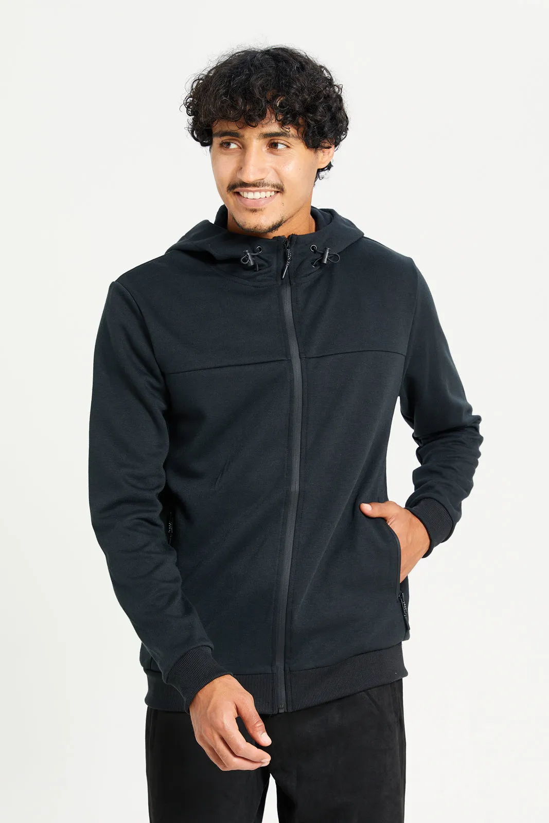 Men Black Hooded Zip-Through Sweatshirt sold by Redtag