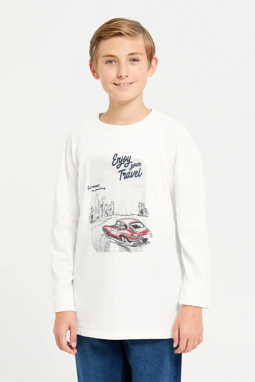Senior Boys White Car Print Long Sleeved T-Shirt sold by Redtag